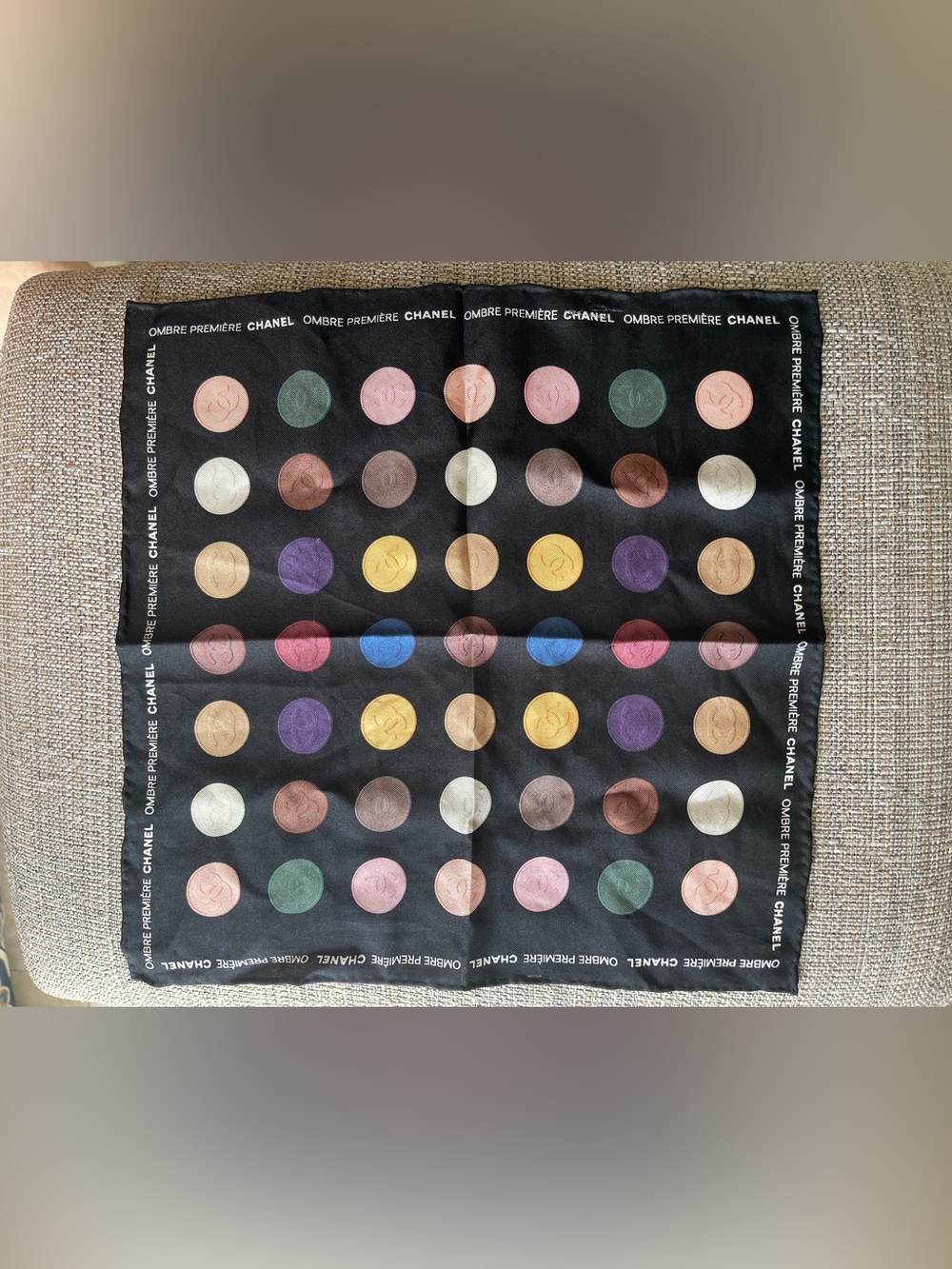 CHANEL Black Silk Scarf with Multicolored Polka Medallions